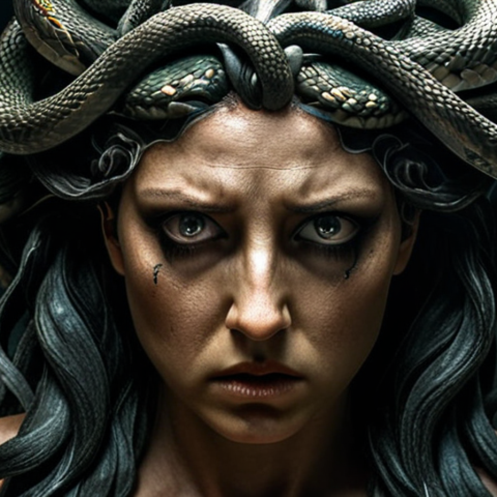**A close-up portrait of Medusa, her snake hair writhing with subtle emotion. Her eyes reflect both immense sorrow and simmering rage. Emphasize the beauty she once possessed, now twisted by Athena's curse. Dark, dramatic lighting.**