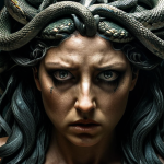 **A close-up portrait of Medusa, her snake hair writhing with subtle emotion. Her eyes reflect both immense sorrow and simmering rage. Emphasize the beauty she once possessed, now twisted by Athena's curse. Dark, dramatic lighting.**