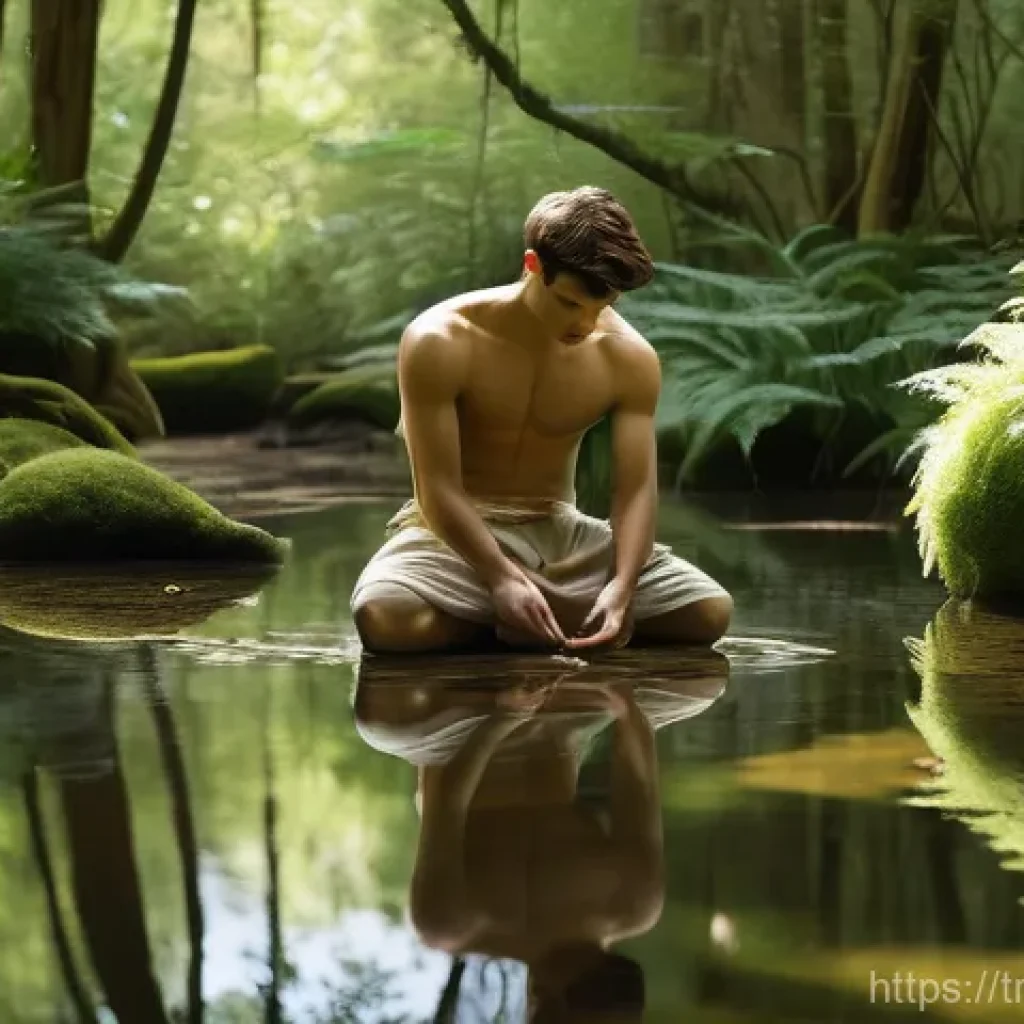 나르키소스와 에코의 신화 - **Prompt: The Unending Gaze of Narcissus**
A highly detailed, painterly illustration of the exqu...