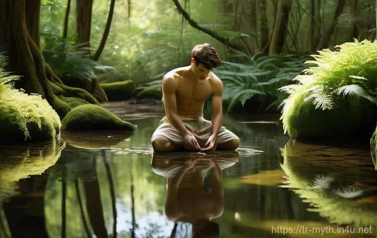 나르키소스와 에코의 신화 - **Prompt: The Unending Gaze of Narcissus**
A highly detailed, painterly illustration of the exqu...