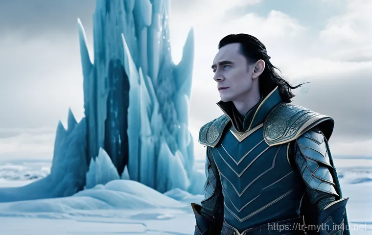 로키와 장난꾸러기 신 - "A young Loki, embodying his Jotunn heritage, stands amidst a desolate, icy landscape. He wears elab...