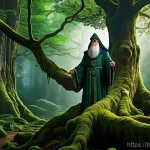Home 2 멜린과 마법사의 이야기 - A wise, aged wizard, reminiscent of the legendary Merlin, stands majestically amidst an ancient, mys...