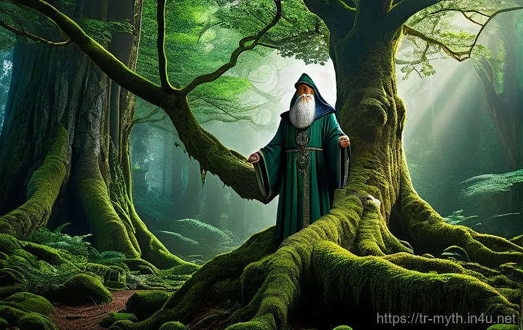 멜린과 마법사의 이야기 - A wise, aged wizard, reminiscent of the legendary Merlin, stands majestically amidst an ancient, mys...