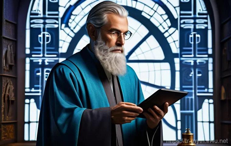 멜린과 마법사의 이야기 - A wise, aged wizard, reminiscent of the legendary Merlin, stands majestically amidst an ancient, mys...